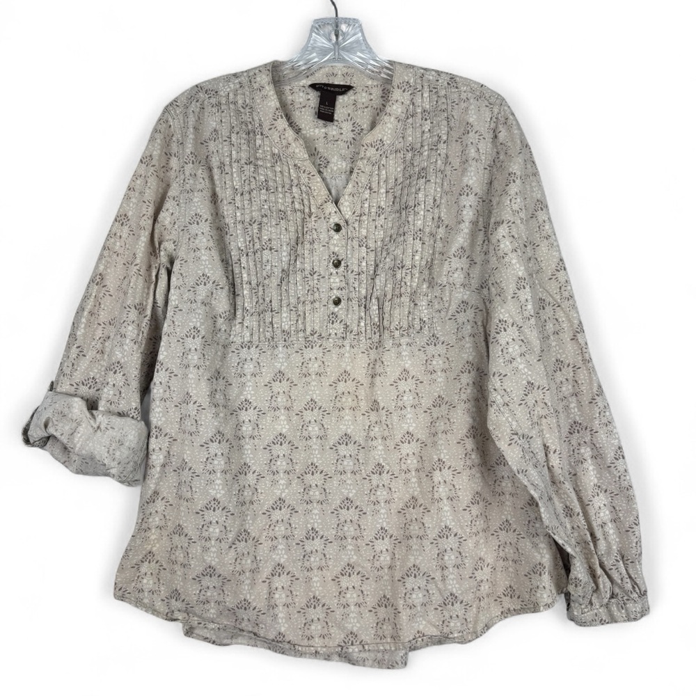 Bit & Bridle‎ Sz Large Western Button Down Shirt Beige Long Roll Tab Sleeves